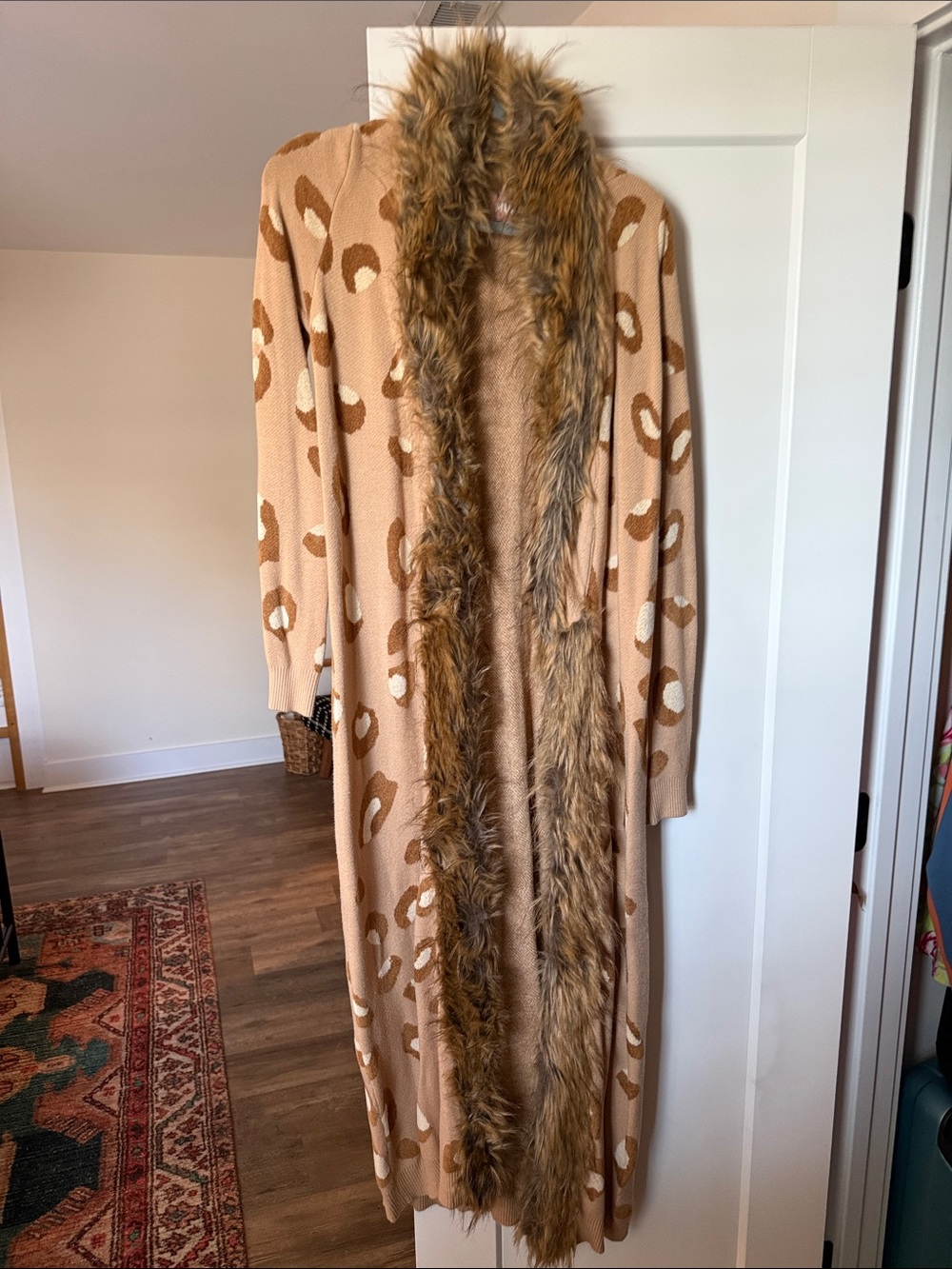 Show Me Your MuMu Tan & Cream Leopard Faux-Fur Trim Long Cardigan